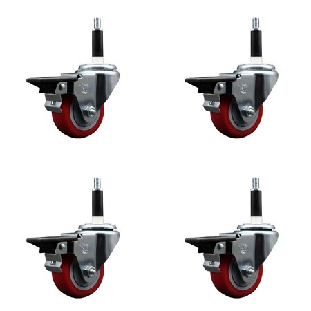 Service Caster 3'' Red Poly Swivel 7/8'' Expanding Stem Caster Set with Brake, 4PK SCC-EX20S314-PPUB-RED-PLB-78-4